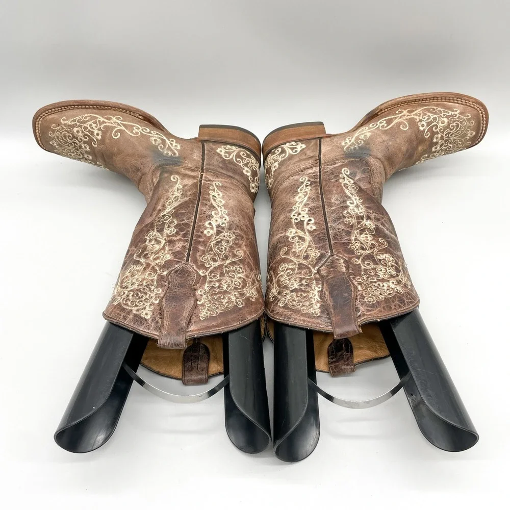 Corral Teen Size 4T Brown Leather Floral Embroidered Square Toe Western Boots